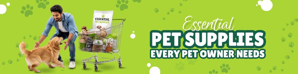 Essential pet supplies for dogs and cats including food, toys, bed, leash, and grooming items